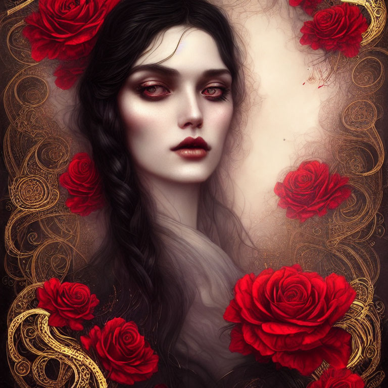Pale-skinned woman with black hair, red eyes, roses, and ornate patterns on dark background