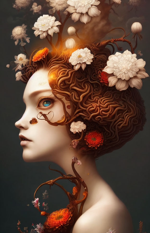 Surreal portrait of female figure with botanical elements in hair.