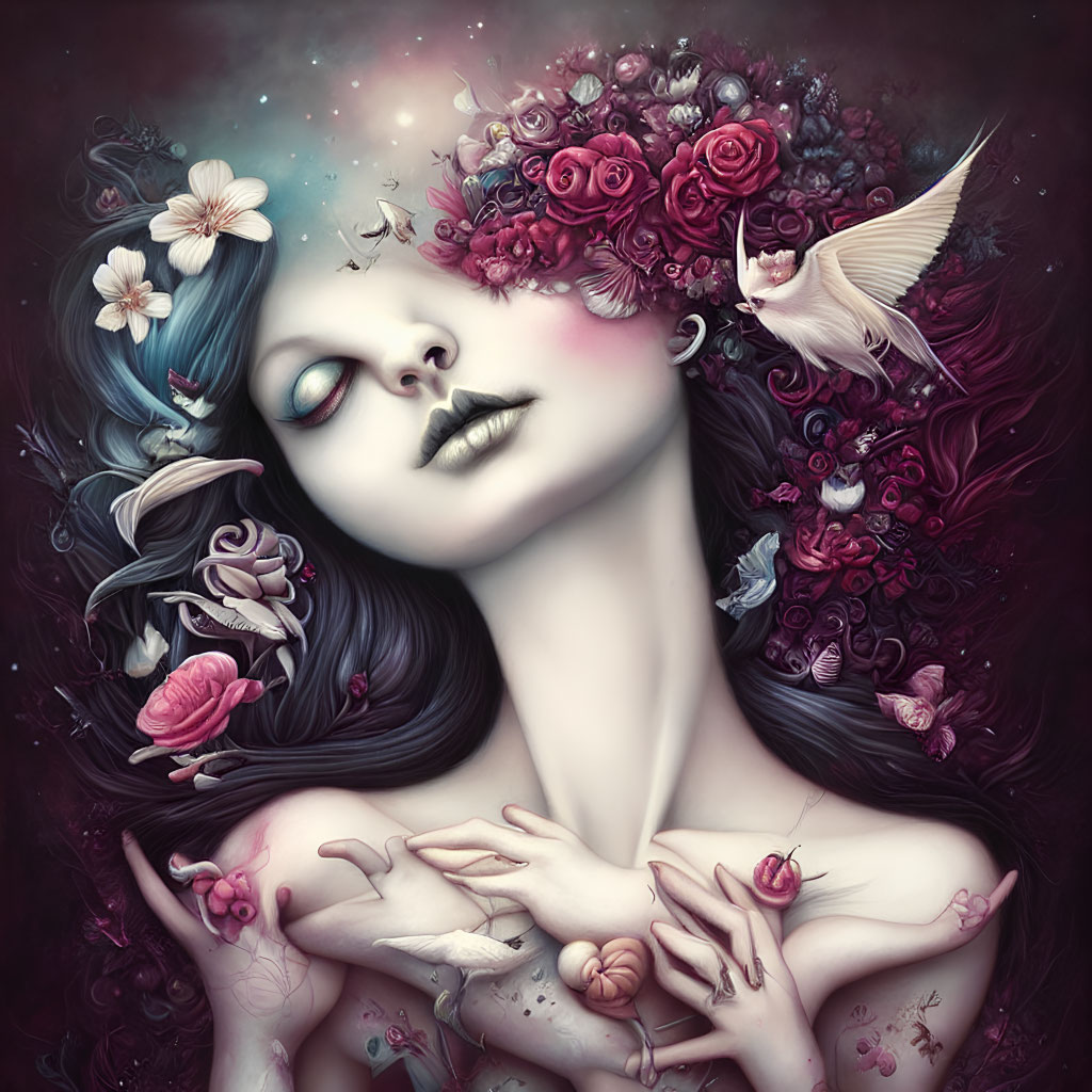 Surreal portrait of woman with flowers and birds in cosmic setting