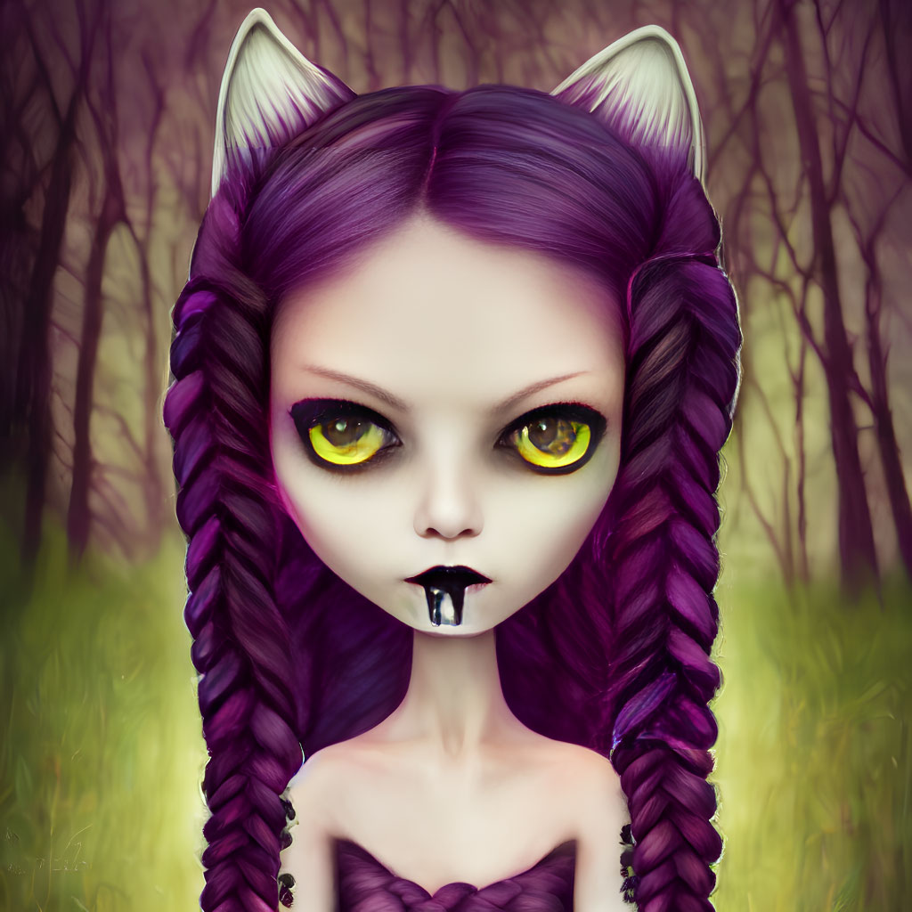 Fantasy cat-like character with purple hair and yellow eyes in mystical forest