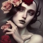 Gothic-style portrait of person with pale skin, dark hair, roses, and expressive eyes