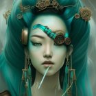 Turquoise-haired woman with steampunk style makeup and gears.