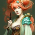 Illustration of woman with flowing orange hair and gold ornaments holding emerald shoulder armor