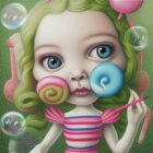 Stylized painting of a green-eyed girl blowing bubbles