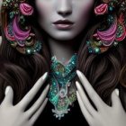Digital artwork: Woman with violet eyes, floral headdress, intricate jewelry, mystical aura