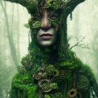 Mystical female figure with moss, leaves, and mechanical parts in foggy forest.