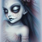 Gothic skeletal figure with blue eyes and floral skull in misty setting