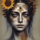 Person portrait with sunflower eye and adornments - intricate face patterns