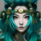 Vibrant teal hair and golden headgear in stylized portrait