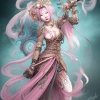 Fantasy illustration: Woman with long pink hair, intricate armor, staff, misty green backdrop