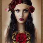 Portrait of Woman with Dark Curly Hair and Red Rose Headband