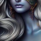 Fantasy illustration of woman with blue skin and silver mask
