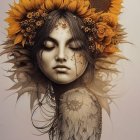 Woman with closed eyes wearing sunflower crown and golden floral patterns exudes peaceful, nature-inspired vibe.