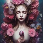 Digital Artwork: Woman with Pink and Purple Flower Crown Holding Bud
