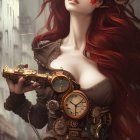 Steampunk-inspired female figure with red hair and brass goggles in brown outfit