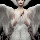 Fantasy-themed image of person with white plumage, wings, and dark eyes