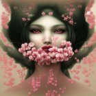 Surreal illustration: Woman's face with dark hair, red eyes, pink orbs.