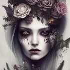 Portrait of a person with pale skin and dark eye makeup wearing a crown of roses and flowers