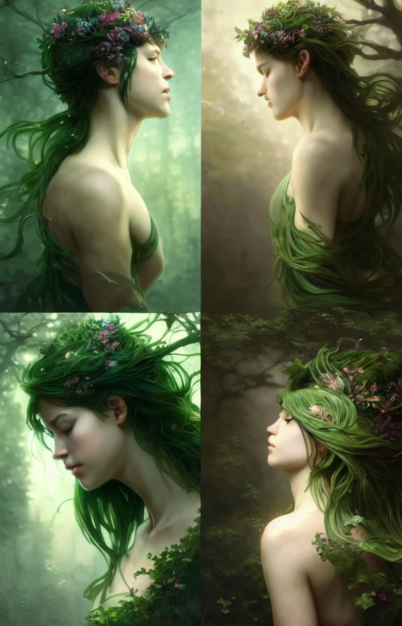 Woman with Green Hair and Floral Crown in Forest - Four Poses, Mystical Ambiance
