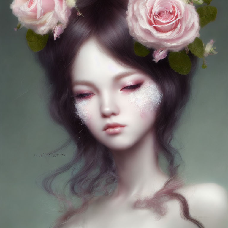 Digital artwork featuring woman with pale skin, rosy cheeks, pink blossoms, and floral textures.