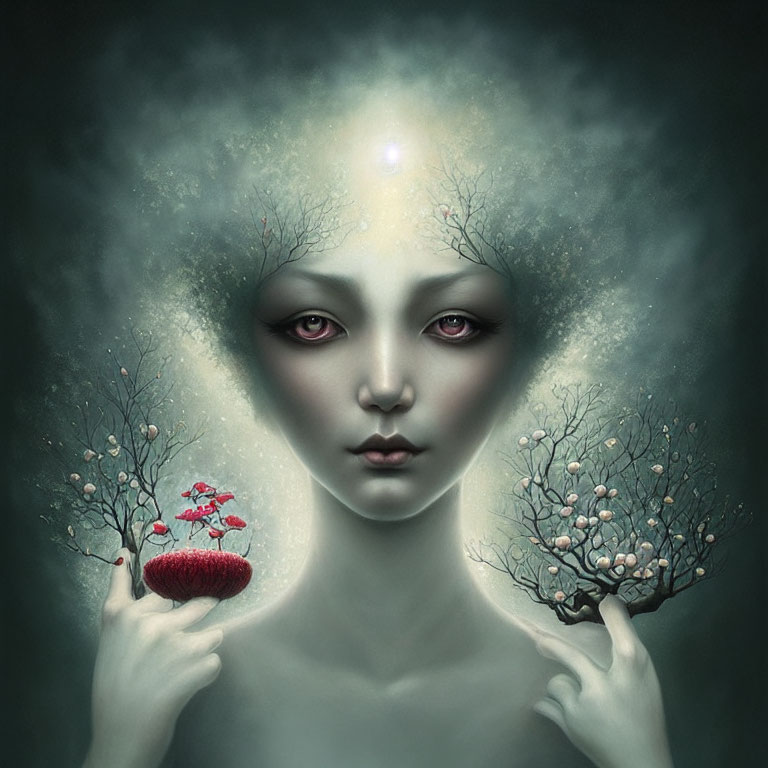 Surreal portrait of pale woman with tree-like hair and glowing forehead holding mini trees with red and