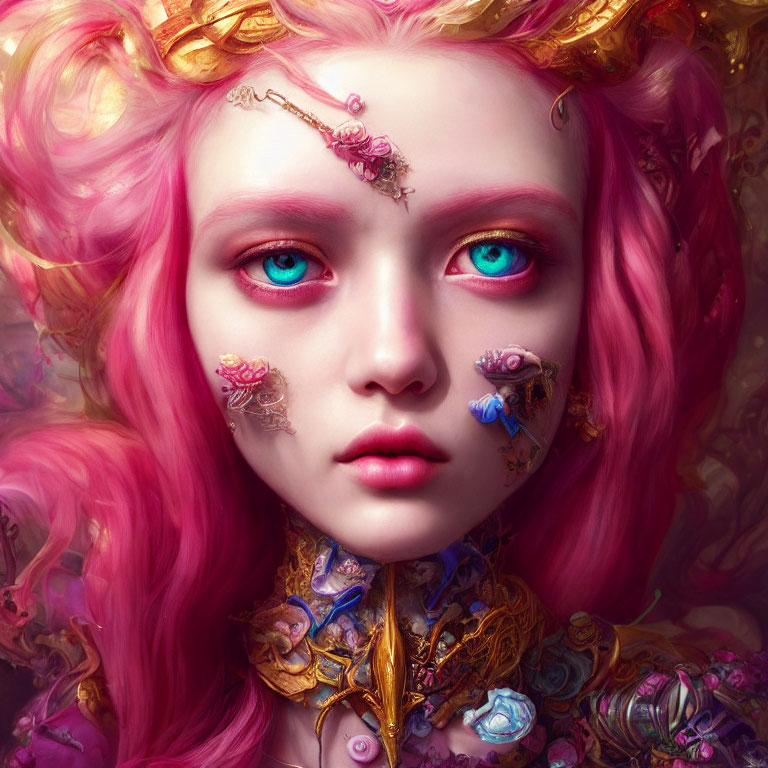 Vibrant pink hair and blue eyes with floral adornments in ornate gold attire
