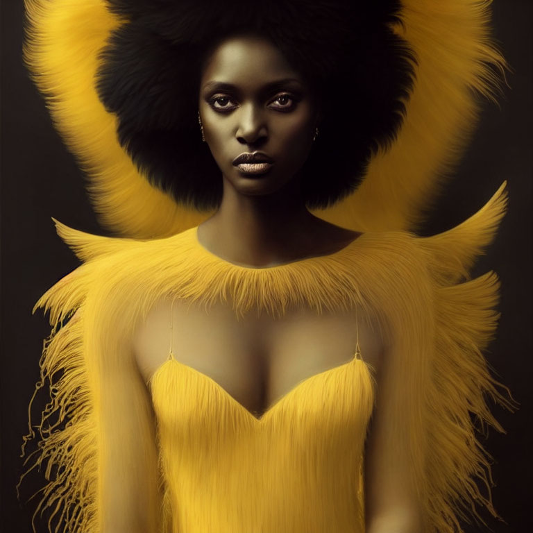 Dark-skinned woman in yellow feathered attire with voluminous collar & headdress