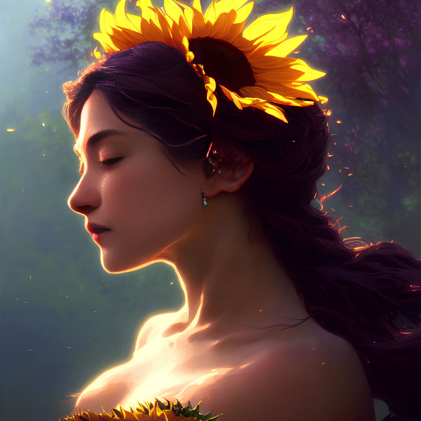 Profile of woman with sunflower in serene, sunlit setting