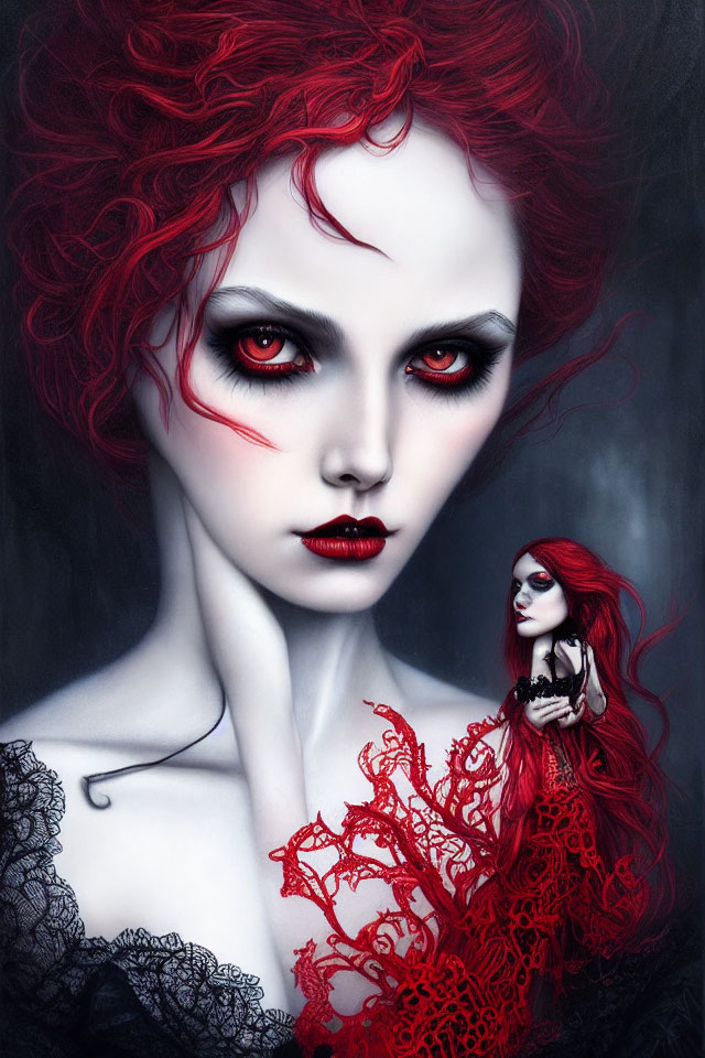 Gothic fantasy image of woman with red hair, red eyes, black lipstick, lace dress