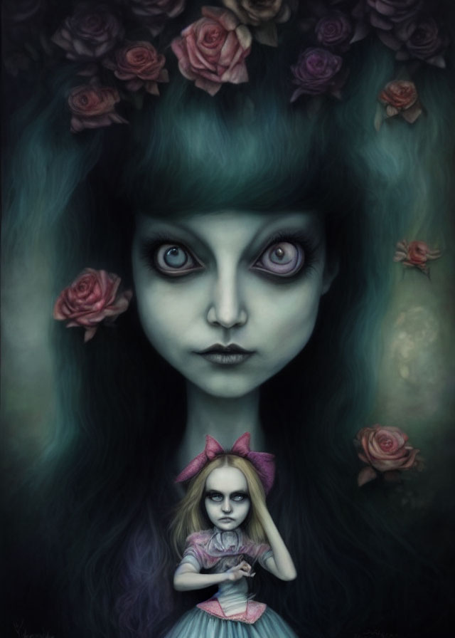 Surreal portrait featuring girl with oversized purple eyes and roses