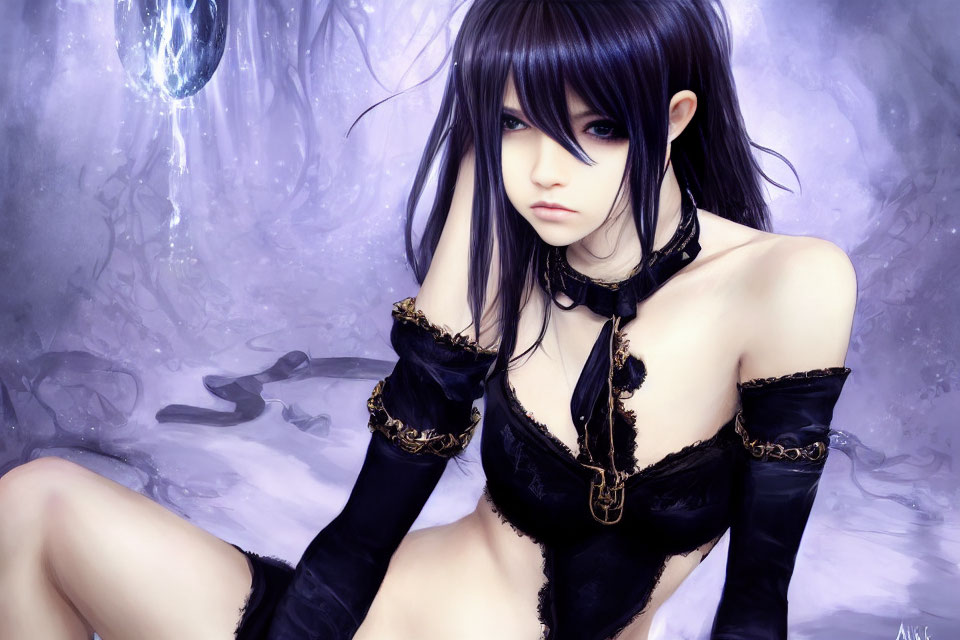 Dark-Haired Character in Black and Gold Outfit Against Moody Purple Background