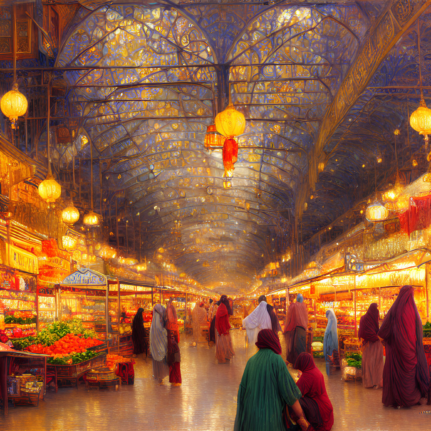 Colorful bazaar scene with hanging lanterns, traditional attire, and bustling stalls.