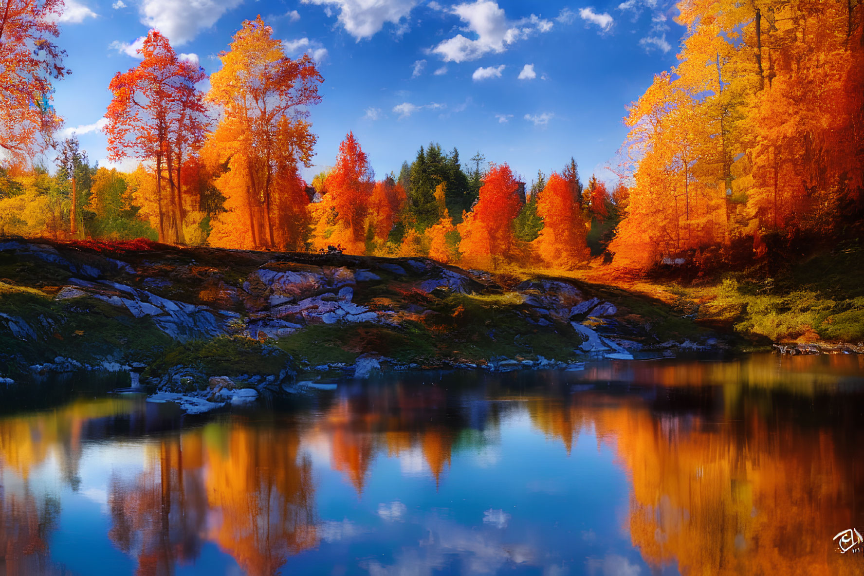 Colorful autumn trees mirrored in serene lake under blue sky with orange leaves and rocky landscape.