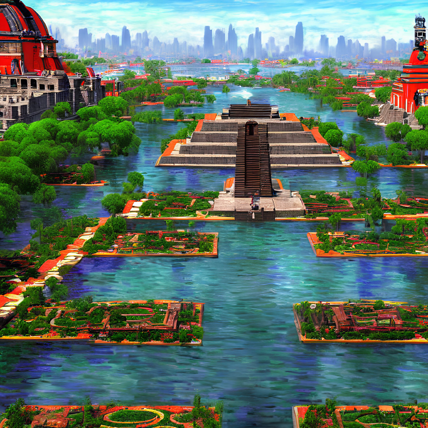 Futuristic cityscape with Aztec pyramid and lush greenery