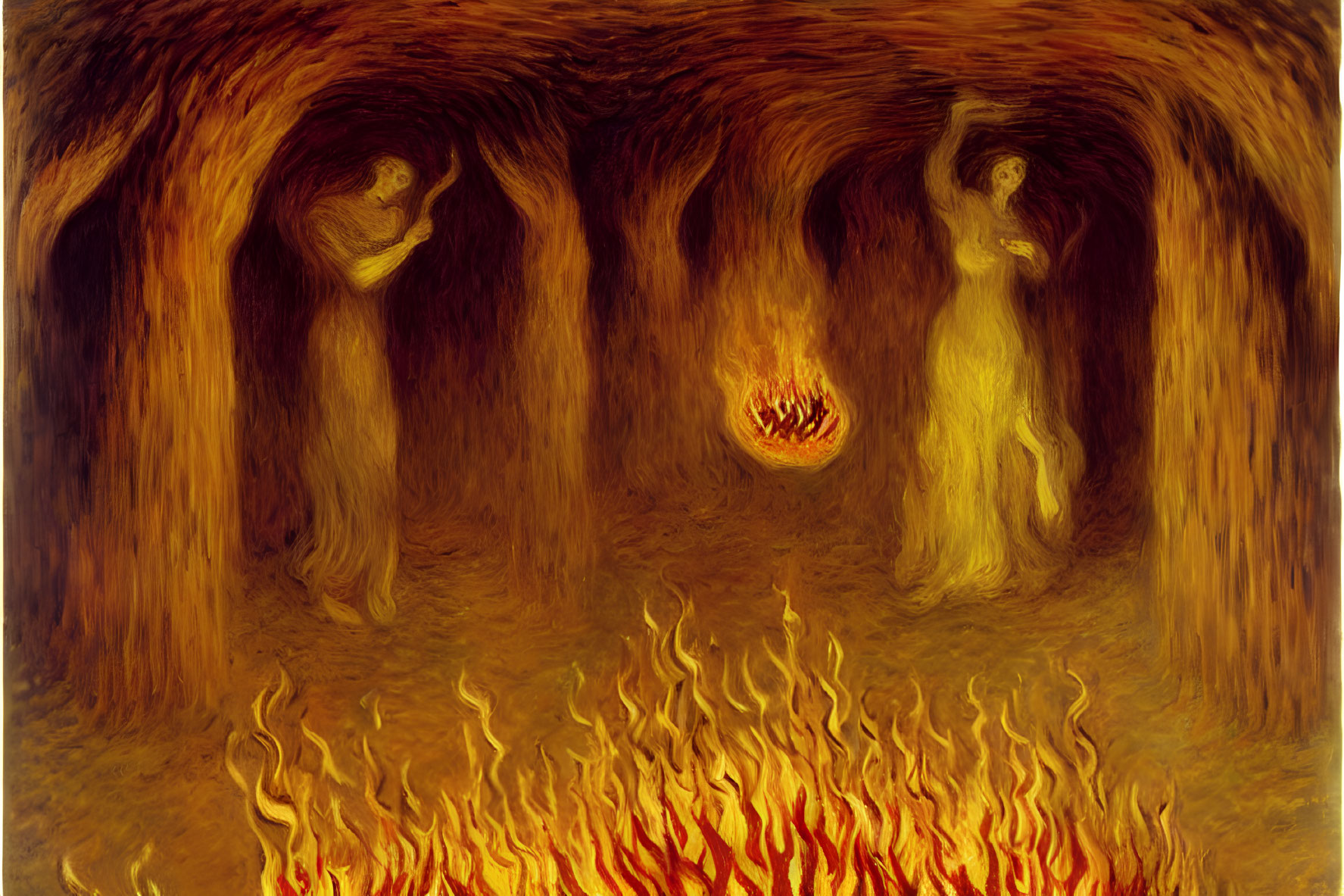 Spooky cave scene with fiery flames and shadowy figures