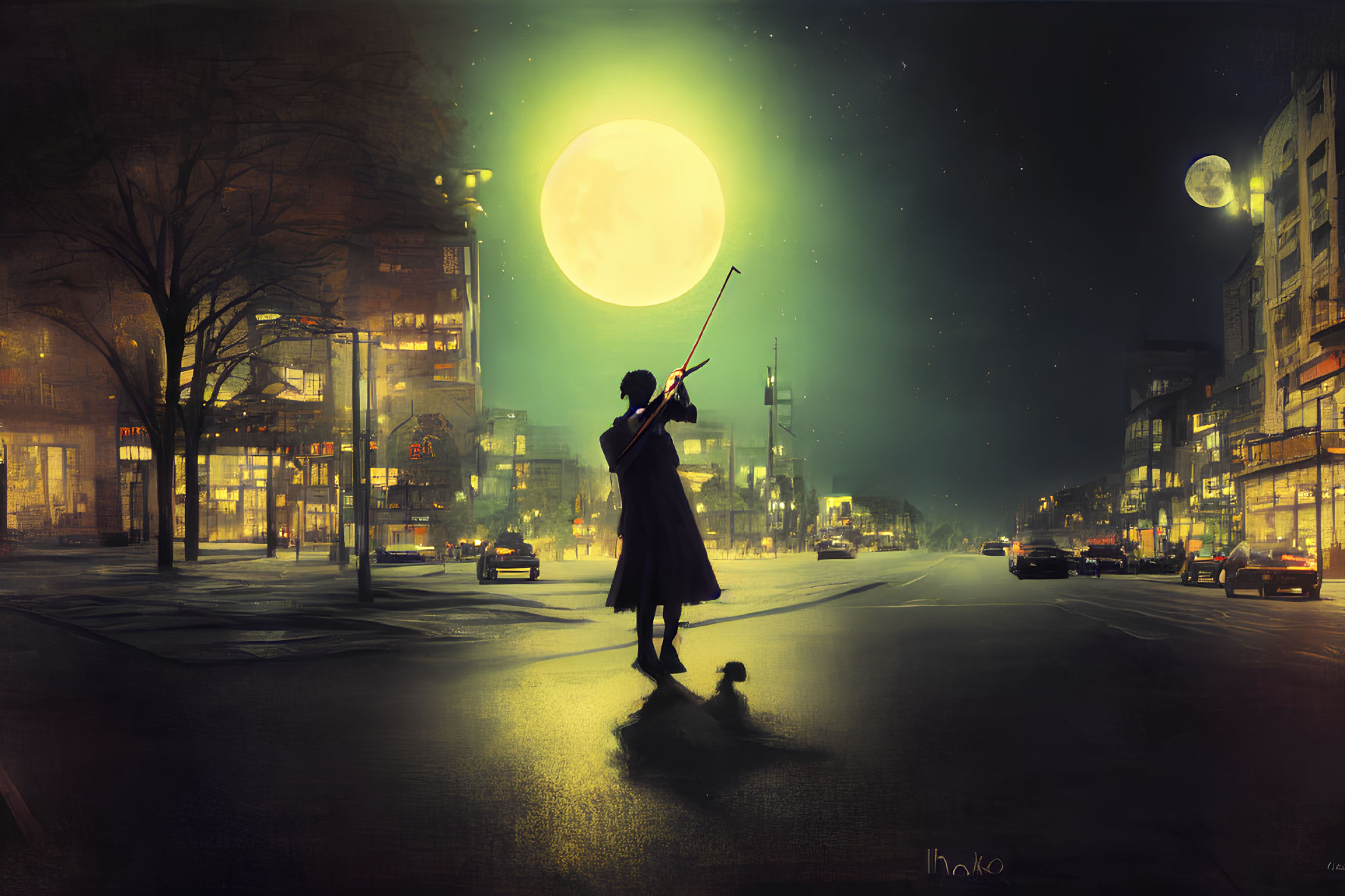 Person in Long Coat Pointing Stick at Luminous Moon in Night Cityscape