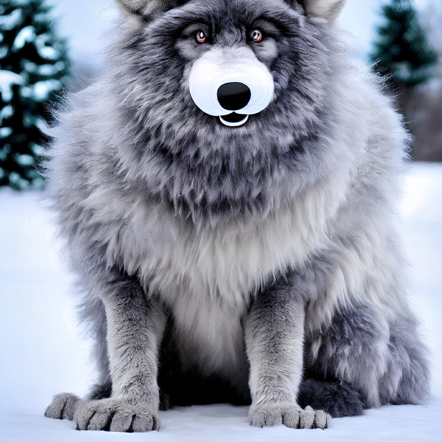Grey Wolf with Blue Eyes in Snowy Pine Forest