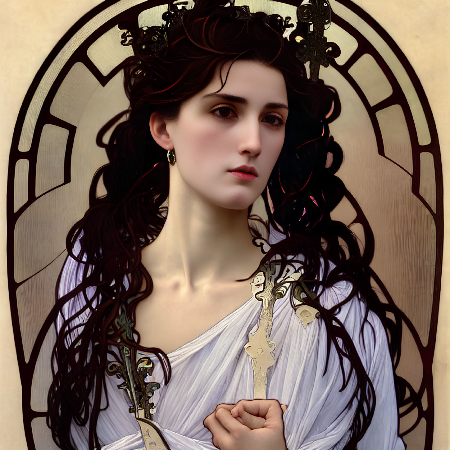 Dark-haired woman in Art Nouveau style with gold details