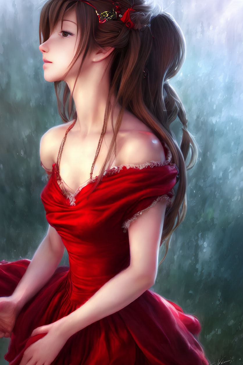 Illustration of woman with long brown hair in red off-shoulder gown and flower hairpiece