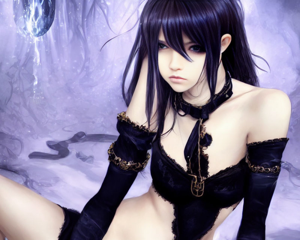 Dark-Haired Character in Black and Gold Outfit Against Moody Purple Background