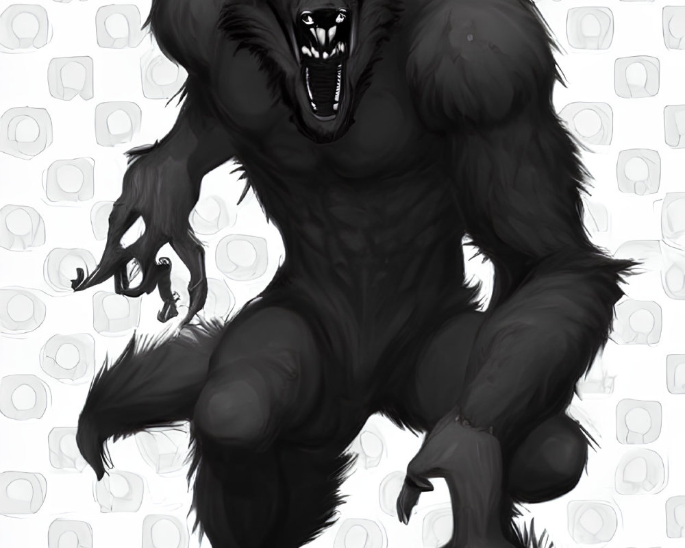 Menacing black werewolf with red eyes and sharp teeth