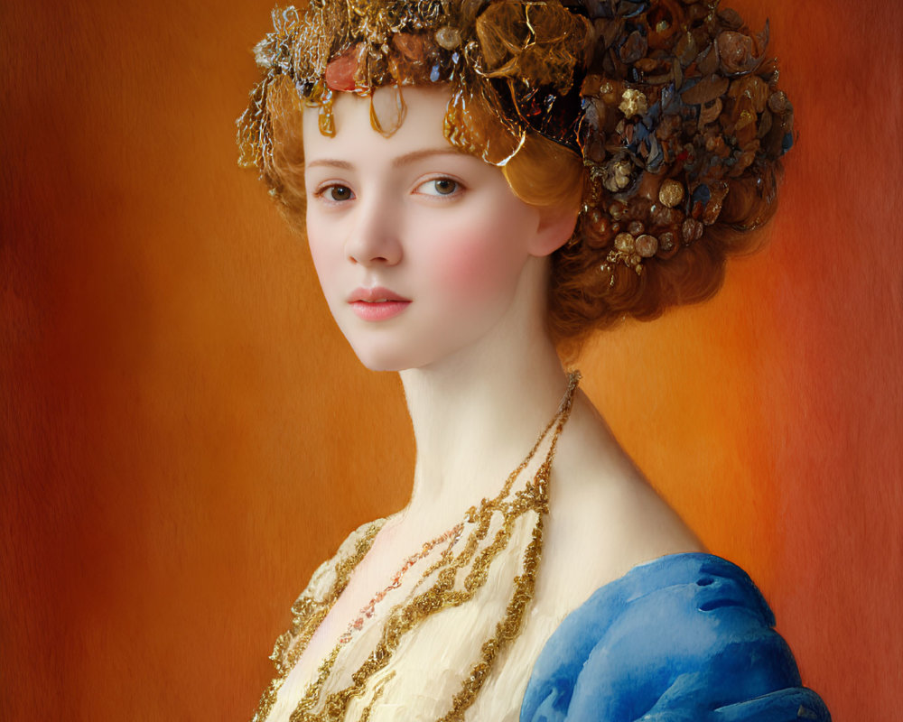 Woman with Ornate Headdress and Floral Garment on Orange Background