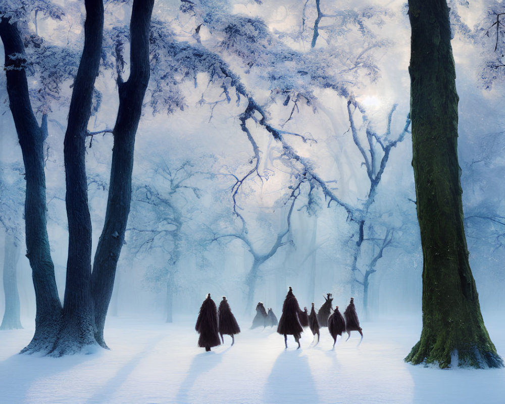 Figures on Horseback Traverse Snowy Forest Scene