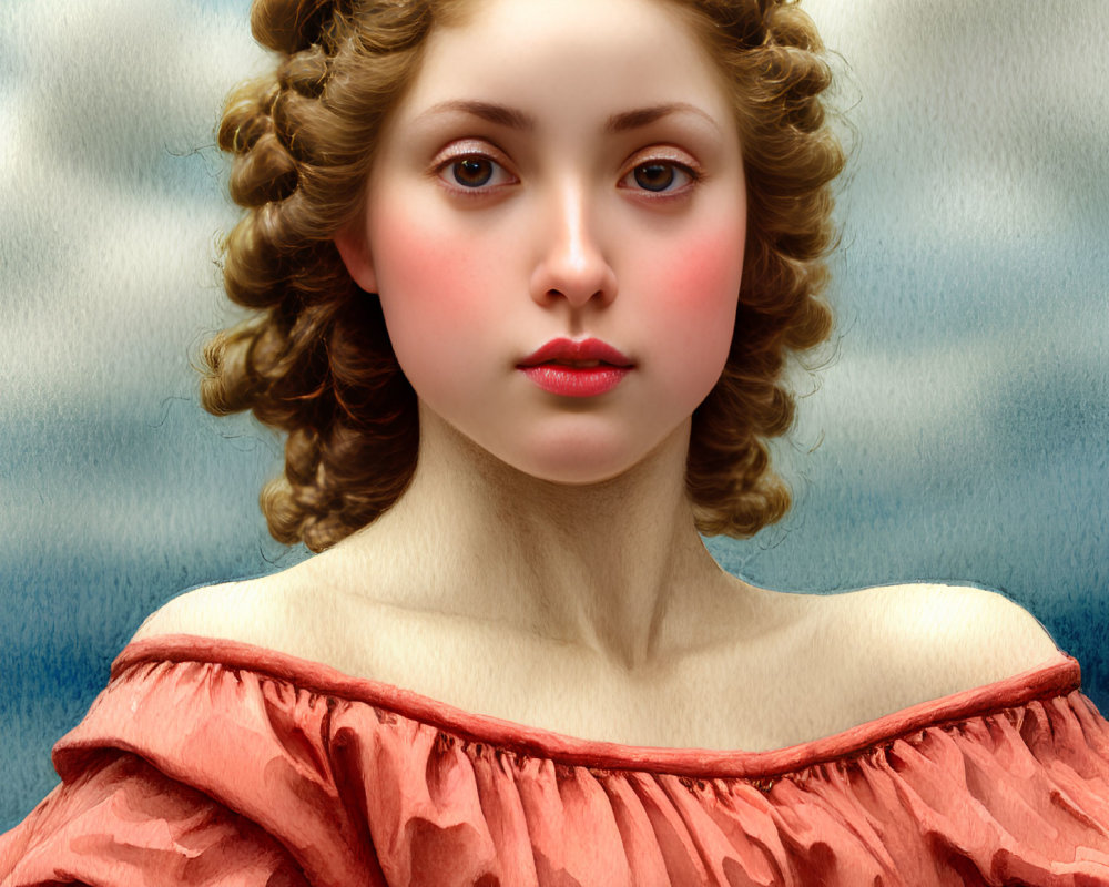 Woman portrait with curled hair, fair skin, red dress, and headpiece against cloudy sky