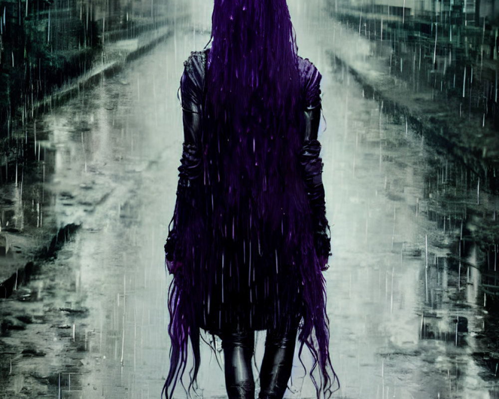 Person with Long Purple Hair Standing in Rain on City Street