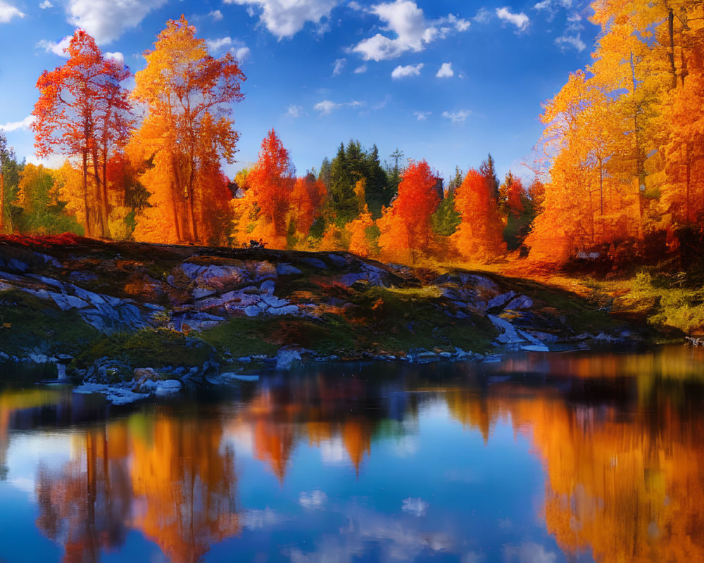 Colorful autumn trees mirrored in serene lake under blue sky with orange leaves and rocky landscape.