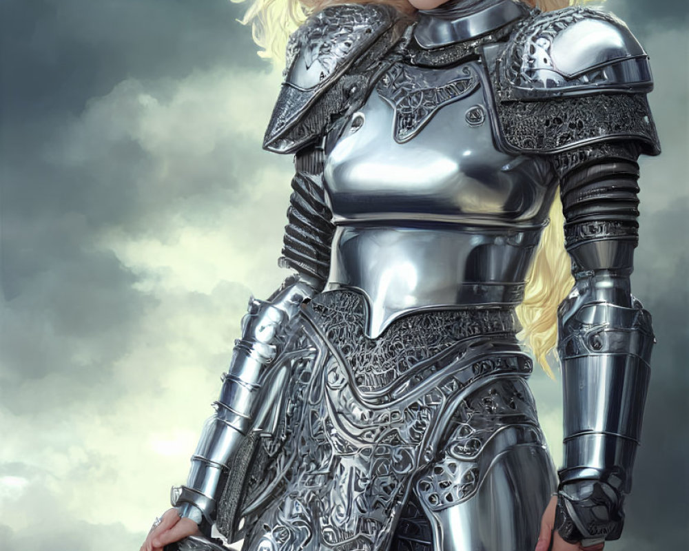 Blonde woman in silver armor with sword against moody sky.
