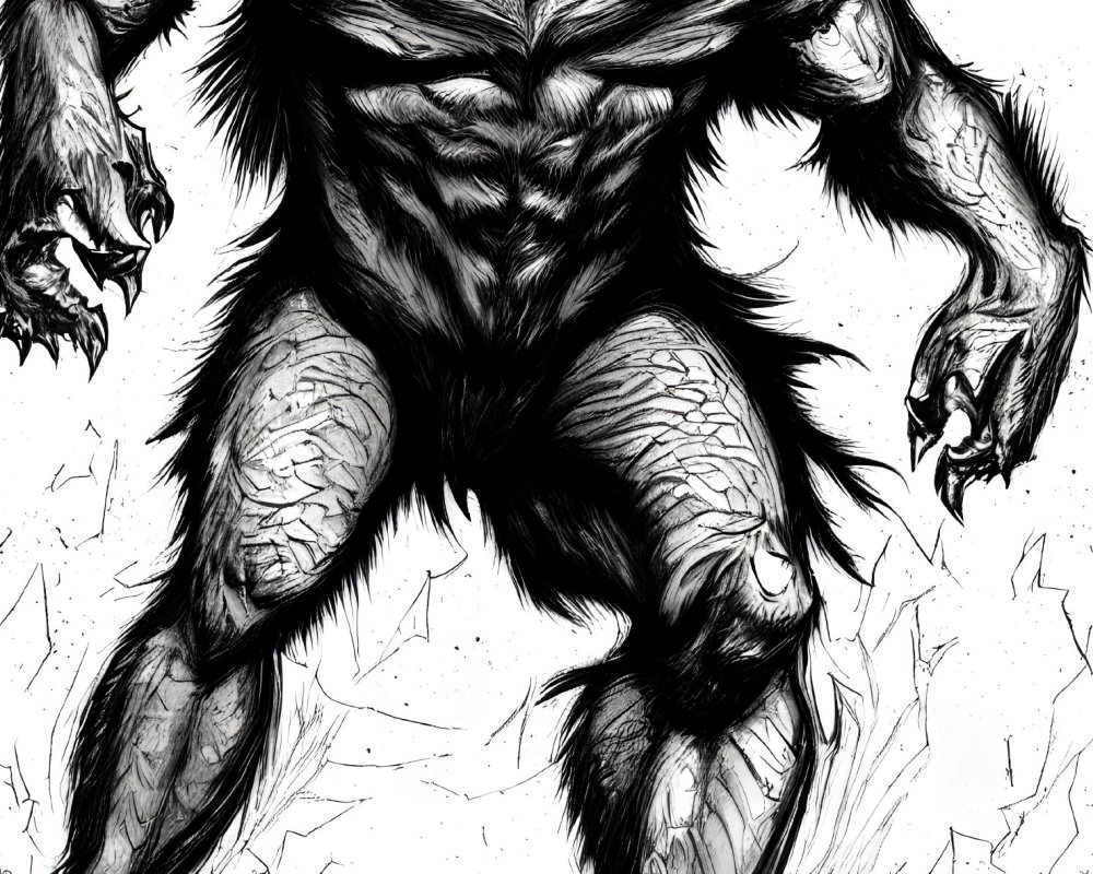 Monochrome illustration of ferocious werewolf breaking through surface