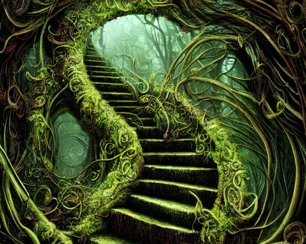 Spiraling staircase intertwined with greenery leading to foggy forest