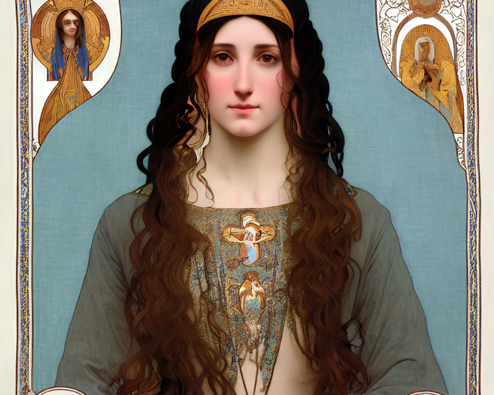 Woman's portrait with long, wavy hair and Art Nouveau motifs.